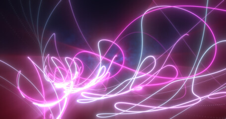 Abstract blue and purple glowing neon energy laser lines flying on a black background