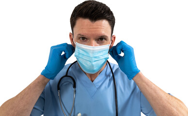 Mid section of man health worker wearing gloves,mask and stetoscop against black backgroud