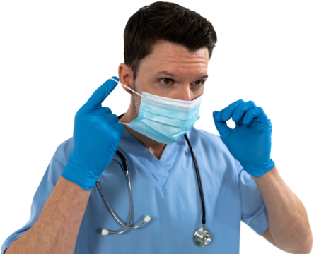Mid section of man health worker wearing gloves,mask and stetoscop against black backgroud