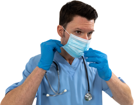 Mid section of man health worker wearing gloves,mask and stetoscop against black backgroud