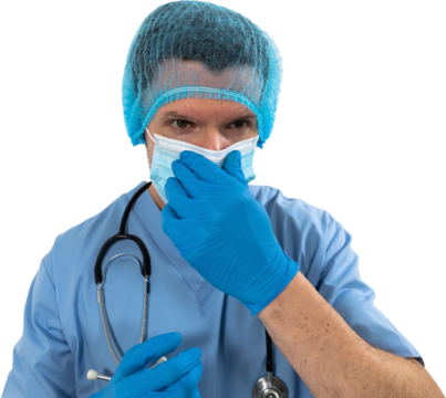 Mid section of man health worker wearing gloves,mask and stetoscop against black backgroud