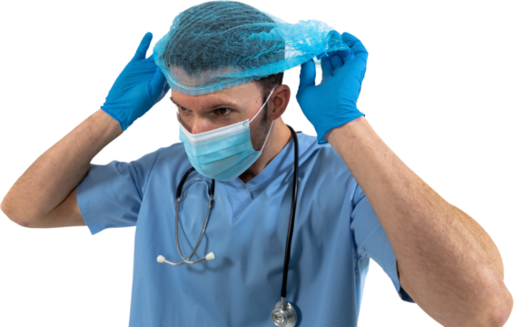 Mid section of man health worker wearing gloves,mask and stetoscop against black backgroud