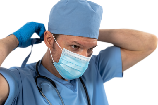 Mid section of man health worker wearing gloves,mask and stetoscop against black backgroud