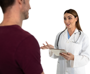 Female caucasian doctor holding digital tablet talking to male patient against black background
