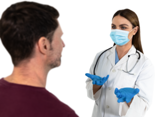 Female caucasian doctor wearing face mask and surgical gloves talking to male patient