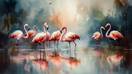 Pink flamingos fluttering on the surface of the water