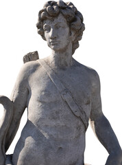 Fototapeta na wymiar Image of ancient classical style weathered sculpture of male hunter on transparent background