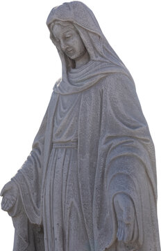 Image of religious classical style weathered sculpture of virgin mary on transparent background
