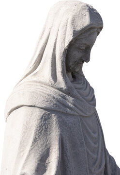 Image of religious classical style weathered sculpture of virgin mary on transparent background