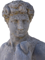 Fototapeta na wymiar Image of ancient classical style weathered sculpture of man's bust on transparent background