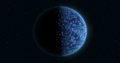 Abstract blue space futuristic planet round sphere against the background of stars