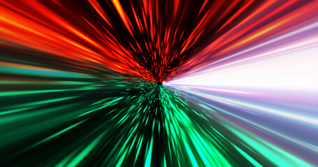 Abstract glowing space tunnel flying at high speed from bright energy futuristic high-tech lines background