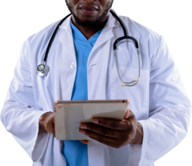 Mid section of african american male doctor using digital tablet against white background