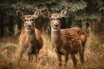 Naklejka na ściany i meble Two adorable deer stand on beautiful grass. Generative AI