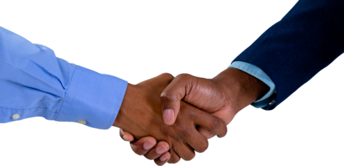 Mid section of two businessman shaking their hands against white background