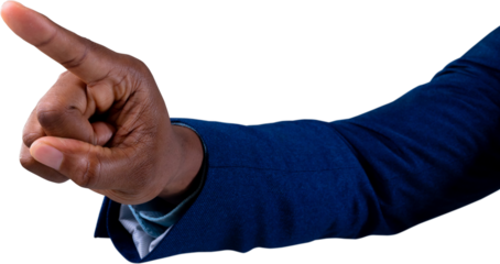 Mid section of african american businessman touching invisible screen against white background