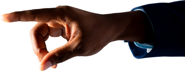 Close up view of businessman touching invisible screen against white background