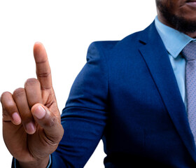Mid section of african american businessman touching invisible screen against white background - Powered by Adobe