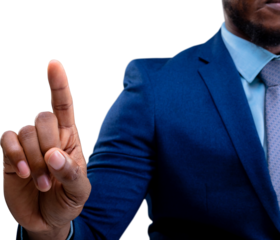 Mid section of african american businessman touching invisible screen against white background