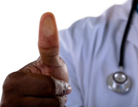 Mid section of african american male doctor scanning his thumb against white background