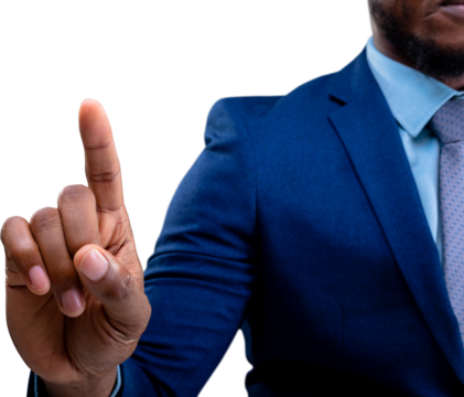 Mid section of african american businessman touching invisible screen against white background