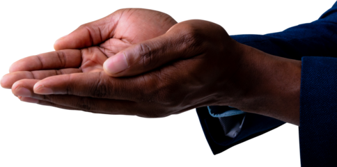 Close up view of businessman holding an invisible object against white background