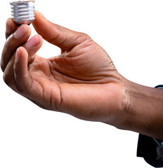 Close up of hand of businessman holding a bulb screw base against white background