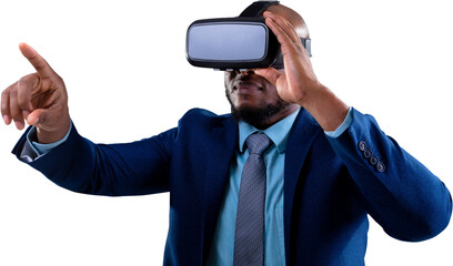 African american businessman wearing vr headset touching invisible screen against white background