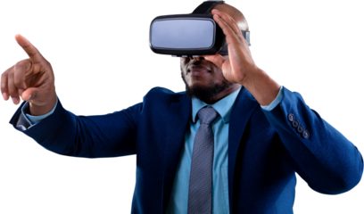 African american businessman wearing vr headset touching invisible screen against white background