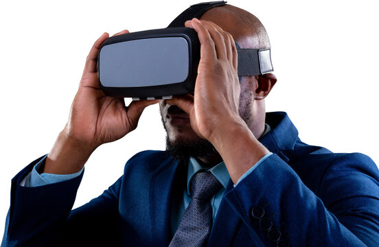 African american businessman wearing vr headset against white background
