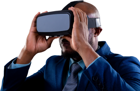 African american businessman wearing vr headset against white background