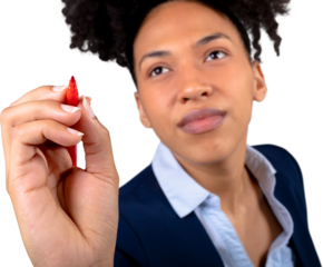 African american businesswoman writing on invisible screen with a marker against white background