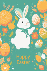 Easter bunny with Easter eggs flat vector illustration. Happy Easter 2023