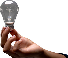 Close up of hand of businesswoman holding a light bulb against white background