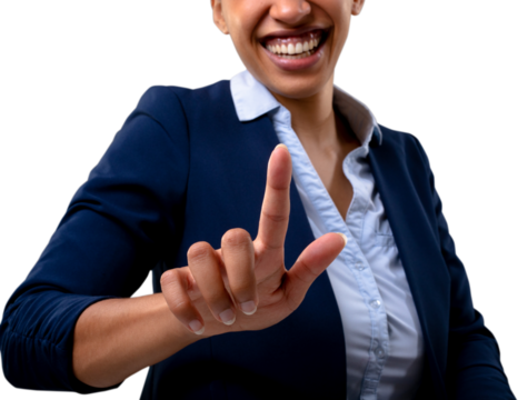 Mid section of african american businesswoman touching invisible screen against white background