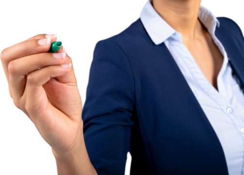Mid section of african american businesswoman writing on invisible screen against white background