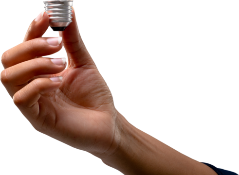 Close up of hand of businesswoman holding a bulb screw base against white background