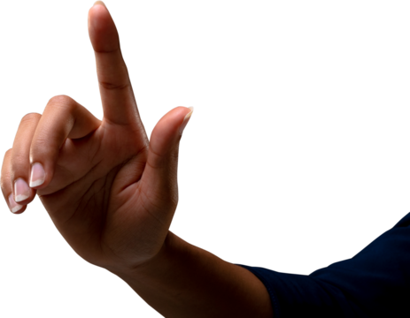 Close up of hand of businesswoman touching invisible screen against white background - Powered by Adobe