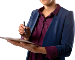 Mid section of african american businesswoman using graphic tablet against white background
