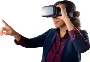 African american businesswoman wearing vr headset touching invisible screen against white background