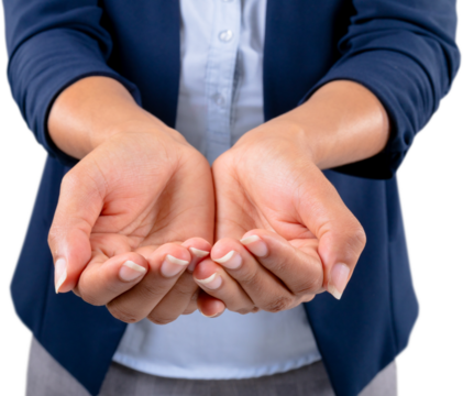 Mid section of businesswoman holding an invisible object against white background