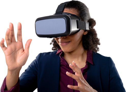 African american businesswoman gesturing while wearing vr headset against white background