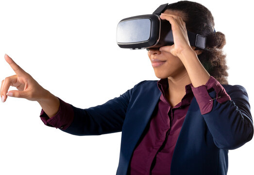 African american businesswoman wearing vr headset touching invisible screen against white background - Powered by Adobe