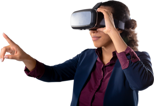 African american businesswoman wearing vr headset touching invisible screen against white background
