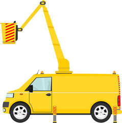 Elevating work platform mounted on a modern van. - 587281411