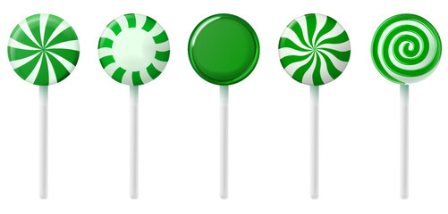 Circle christmas candy cane. Lollipopst stick. Traditional realistic xmas candy and green, white stripes. Santa caramel cane on white background. Vector illustration