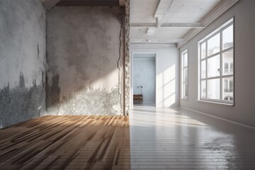 Fototapeta premium A mock model is set up on a white concrete wall and wooden floor in a contemporary gray room before and after repairs. Generative AI