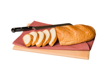 Assortment of freshly sliced baked bread with napkin isolated on white background. Healthy unleavened bread. French bread slice