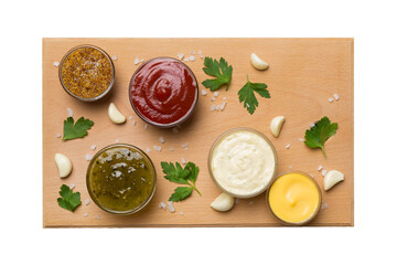 Many different sauces and herbs isolated on white background, flat lay top view. sauces on plate, healthy concept
