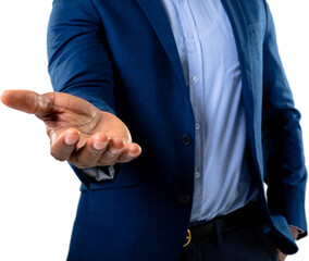 Mid section of african american businessman holding an invisible object against white background